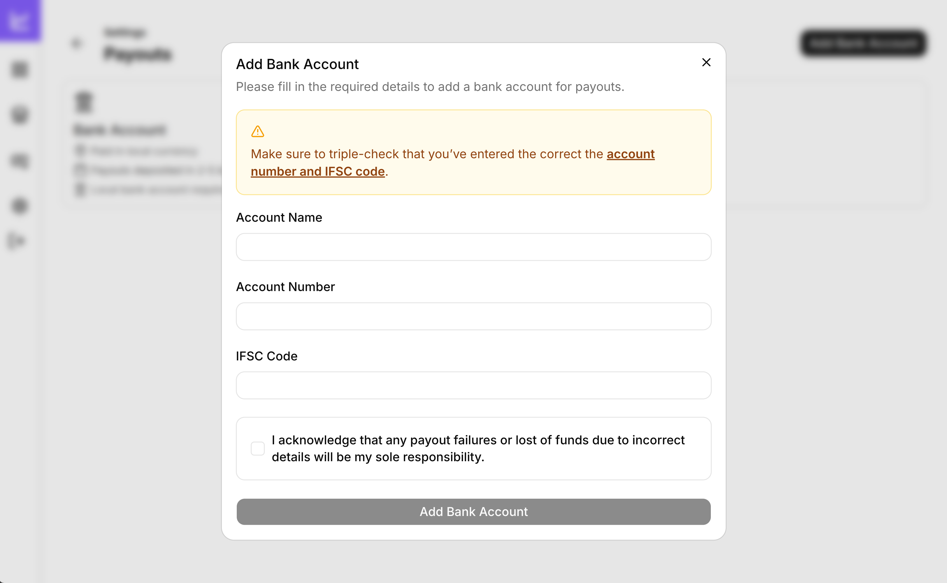 Add payout account details