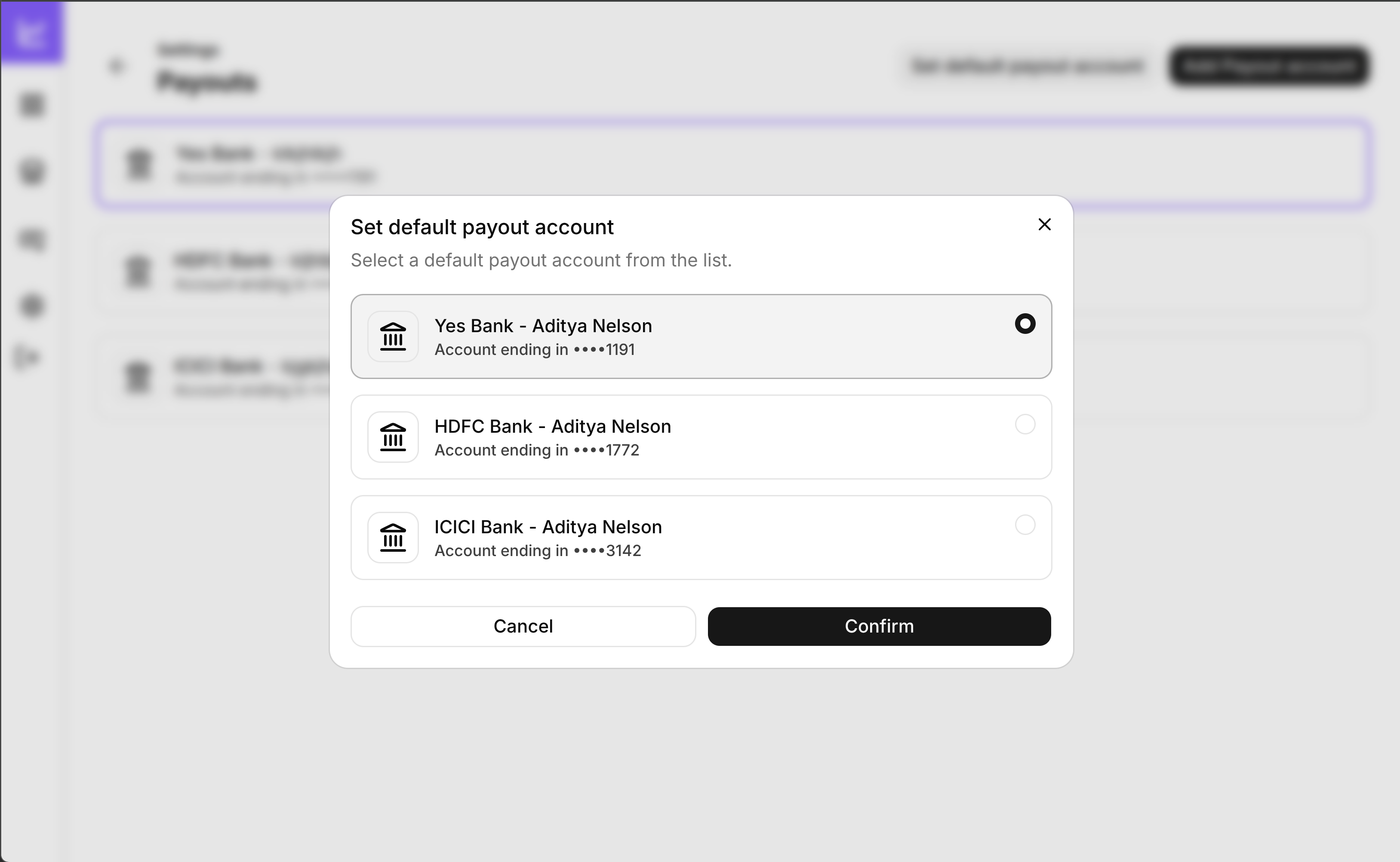 Select default payout account